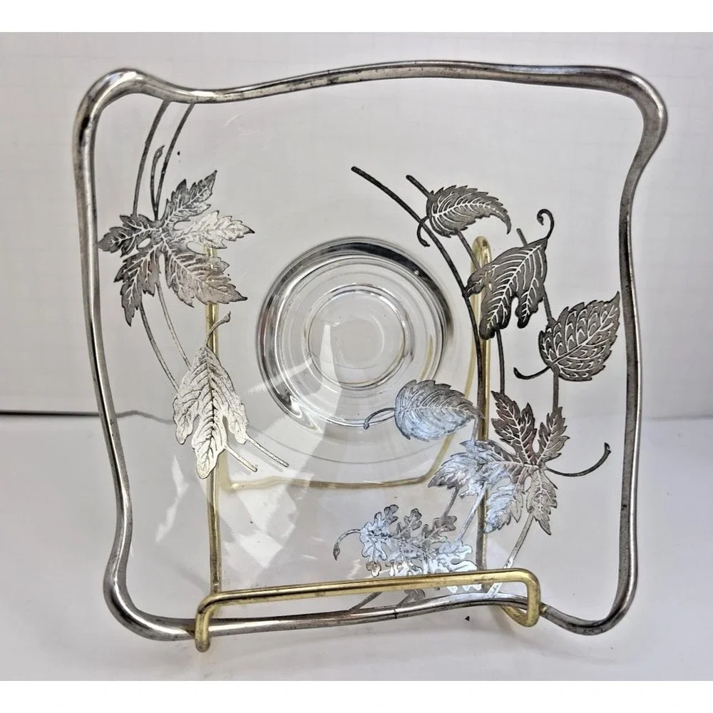 Candy Dish Etched Glass Silver Leaf Pedestal Stand Mid Century Modern Vintage